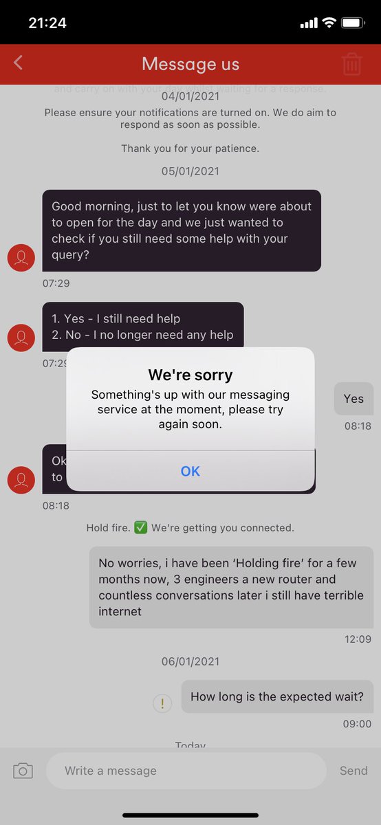 danlongbottom91's tweet photo. @virginmedia has something been wrong with your messaging service for 2 days? Or have you just decided you cant be arsed anymore as 3 engineers later my brodband is still useless, funny how i’ve signed up to 600mb recently and now i cant get intouch when it doesnt work 🤔🤔 https://t.co/vmB99tz1KN