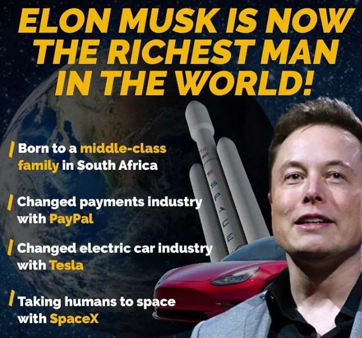 InvestoLingo's tweet photo. Elon Musk is the richest man on earth right now

Elon Musk #ElonMusk Tesla SpaceX #StocksToWatch 
#Nifty https://t.co/1NRtYjxYRV