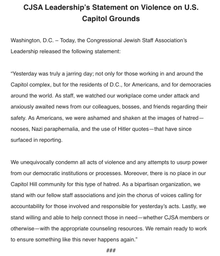 Statement from CJSA's Leadership on yesterday's violence at the Capitol: