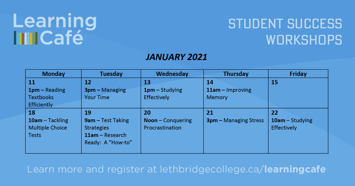 LethCollege's tweet photo. Our Learning Café Student Success Workshops are back next Monday! ☕️ 📚

These online sessions cover topics relevant to students in all programs, are completely free and take just half an hour.

Register for a session at > https://t.co/D3Kvbaza7l https://t.co/ztXkl96WwI