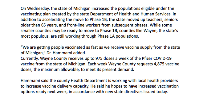 Let's start with Wayne County...Wayne County's health department (excludes Detroit) is getting 975 doses of vaccine per week.That's 20% of what they're requesting...If it's not in Wayne County, where is this missing vaccine in the state's numbers?
