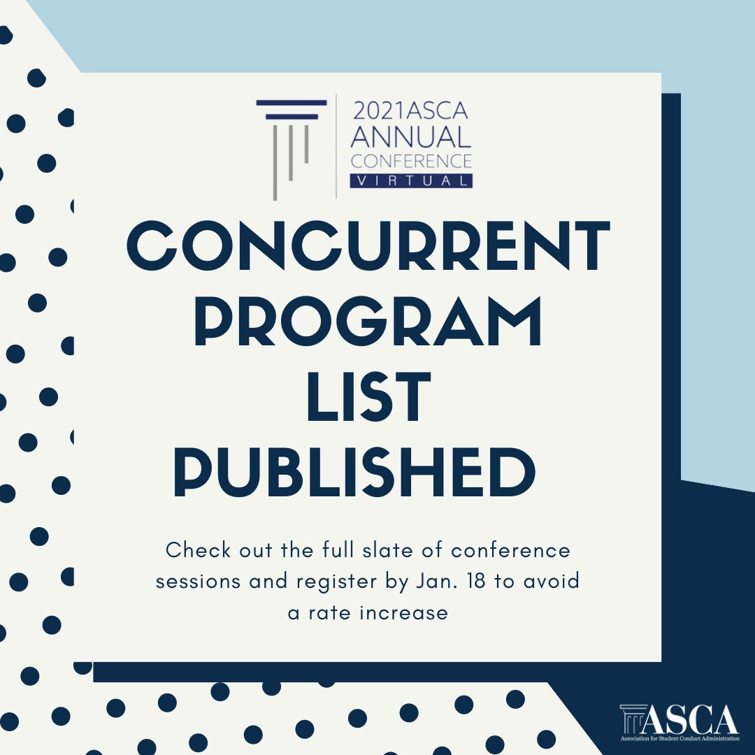 Check out the concurrent slate here: bit.ly/3nn8aBd. 

#ASCA21isVirtual #ASCAOffice #WeAreASCA #StudentConduct #StudentAffairs #HigherEd #SAPro #SAGrad #GetInvolved #VirtualConference.