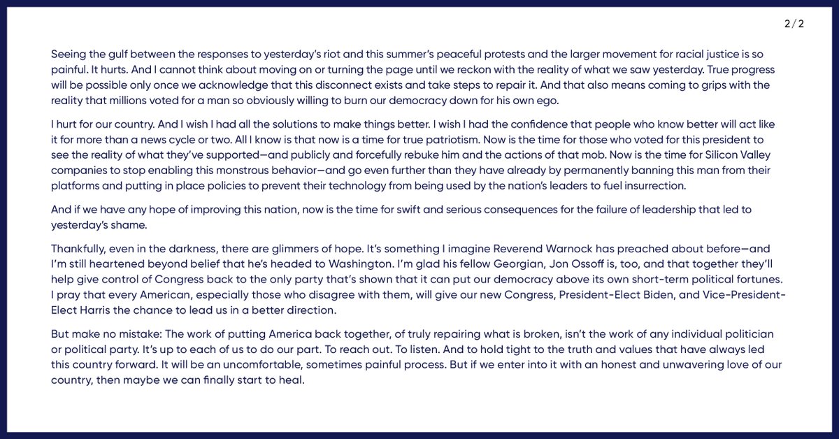 JUST IN: Former first lady Michelle Obama calls on tech companies to permanently ban President Trump from their platforms and put policies in place “to prevent their technology from being used by the nation’s leaders to fuel insurrection.”