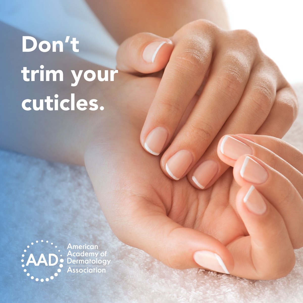 AADskin's tweet image. Did you know that trimming or forcefully pushing back cuticles can leave you vulnerable to infection? Keep your nails healthy this year by following these manicure safety tips: bit.ly/396p1RW