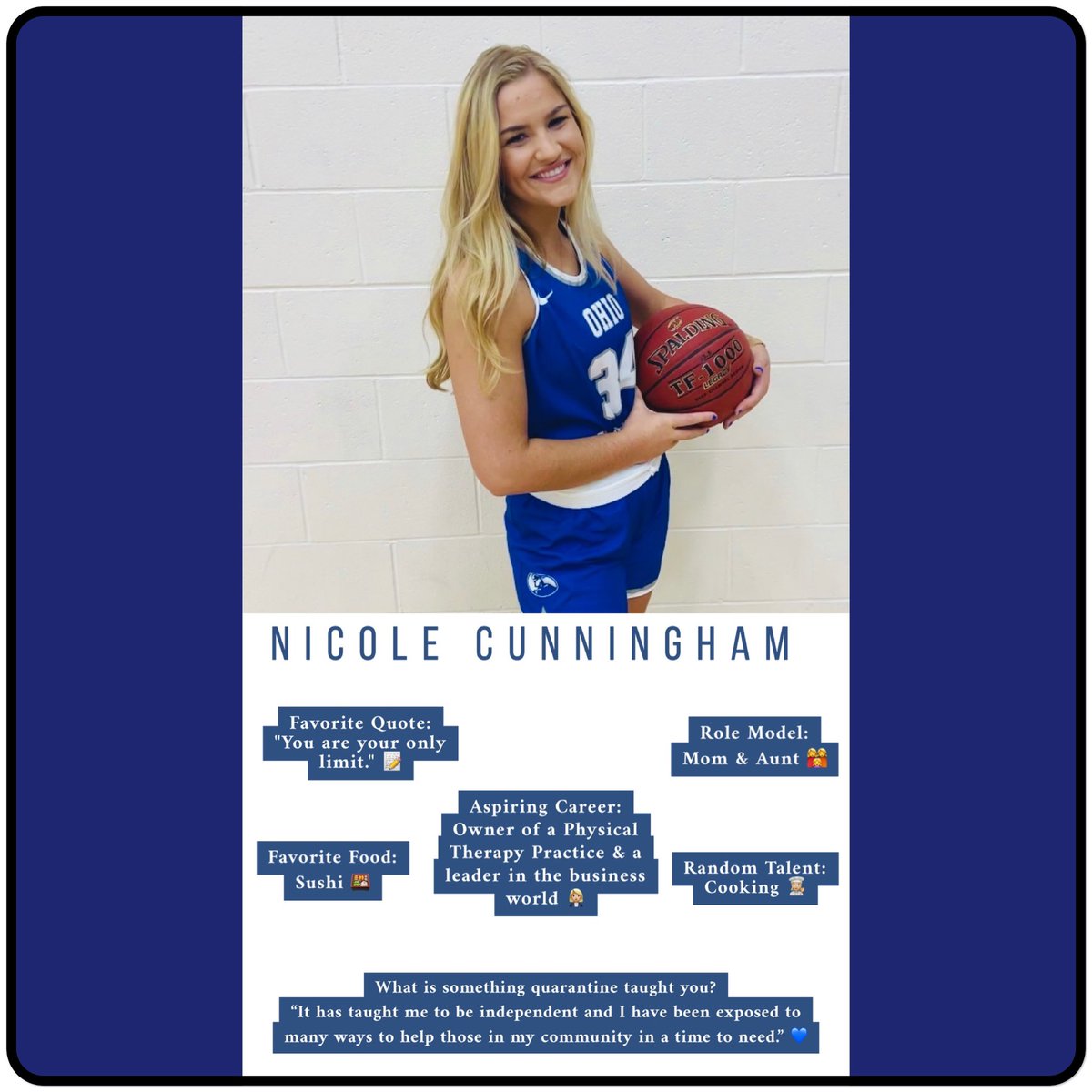 🚨LET’S MEET THE OCU WBB TEAM! 🚨 
WHO? 
 Nicole Cunningham #34⛹🏼‍♀️
HOME? 
 Noblesville, IN🏡
• WHAT HAS QUARANTINE TAUGHT YOU? 
 “It has taught me to be independent and I have been exposed to many ways to help those in my community in a time to need.” 💙