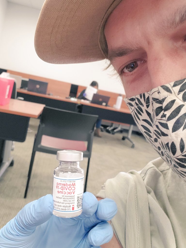 Troyamck's tweet photo. I'm so happy. Thank you to our medical workers and scientists who have been our only hope during #COVID19! The end is near and the hard and awkward tasks of masks and social distancing are almost over! #COVID19Vaccine #Moderna https://t.co/vSOfejlqMT