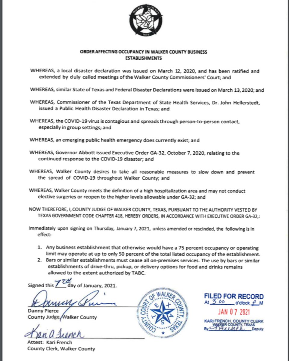 Walker County Judge Danny Pierce has issued a new order regarding business establishments in Huntsville, reducing capacity of all businesses to 50% and bars must cease all on-premises services.