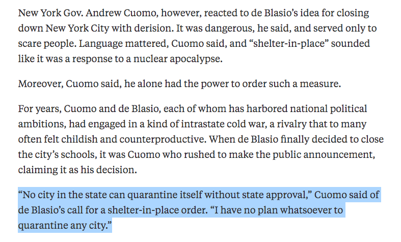 I'd like to recount how my governor,  @andrewcuomo, has led New York during the pandemic:1. Didn't act while the virus initially took hold & made New York the global epicenter of the virus.  https://www.propublica.org/article/two-coasts-one-virus-how-new-york-suffered-nearly-10-times-the-number-of-deaths-as-california