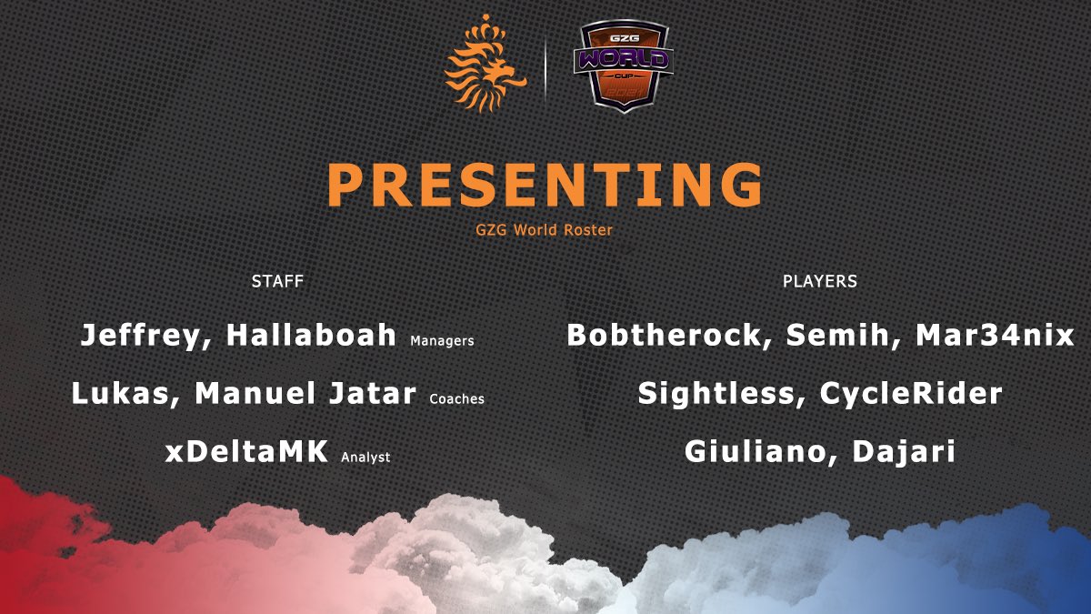 Team NL (@netherlandscr) on Twitter photo 🦁GZG World Cup🦁
Staff:
👨💼<a href="/JeffreyCR5/">jeffrey</a>
👨💼<a href="/hallaboah/">Hallaboah</a>
📢<a href="/RCG_Lukas/">Lukas</a>
📢<a href="/Manujatar/">Manuel Jatar 🐯</a>
👨💻 <a href="/xDeltaMK/">xDeltaMK</a>
Players:
👤 <a href="/Mar34nix/">mar34nix</a>
👤 @bobtherockcr
👤<a href="/GiulianoCR2/">⚡️Giuliano⚡️</a>
👤 <a href="/CycleRiderCR/">CycleRider</a>
👤@sightless_cr
👤<a href="/SemihCR2/">Semih</a>
👤<a href="/DajariCr/">Dajari_cr</a> 🦁GZG World Cup🦁
Staff:
👨💼<a href="/JeffreyCR5/">jeffrey</a>
👨💼<a href="/hallaboah/">Hallaboah</a>
📢<a href="/RCG_Lukas/">Lukas</a>
📢<a href="/Manujatar/">Manuel Jatar 🐯</a>
👨💻 <a href="/xDeltaMK/">xDeltaMK</a>
Players:
👤 <a href="/Mar34nix/">mar34nix</a>
👤 @bobtherockcr
👤<a href="/GiulianoCR2/">⚡️Giuliano⚡️</a>
👤 <a href="/CycleRiderCR/">CycleRider</a>
👤@sightless_cr
👤<a href="/SemihCR2/">Semih</a>
👤<a href="/DajariCr/">Dajari_cr</a>