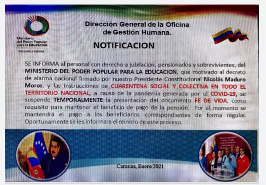 📢#Entérate Dirección General de la Oficina de Gestión Humana del @MPPEDUCACION

⏭️Informa al personal con derecho a jubilación, pensionados y sobrevivientes que se suspende temporalmente la presentación del documento FE DE VIDA, motivado al decreto de alarma nacional #COVIDー19