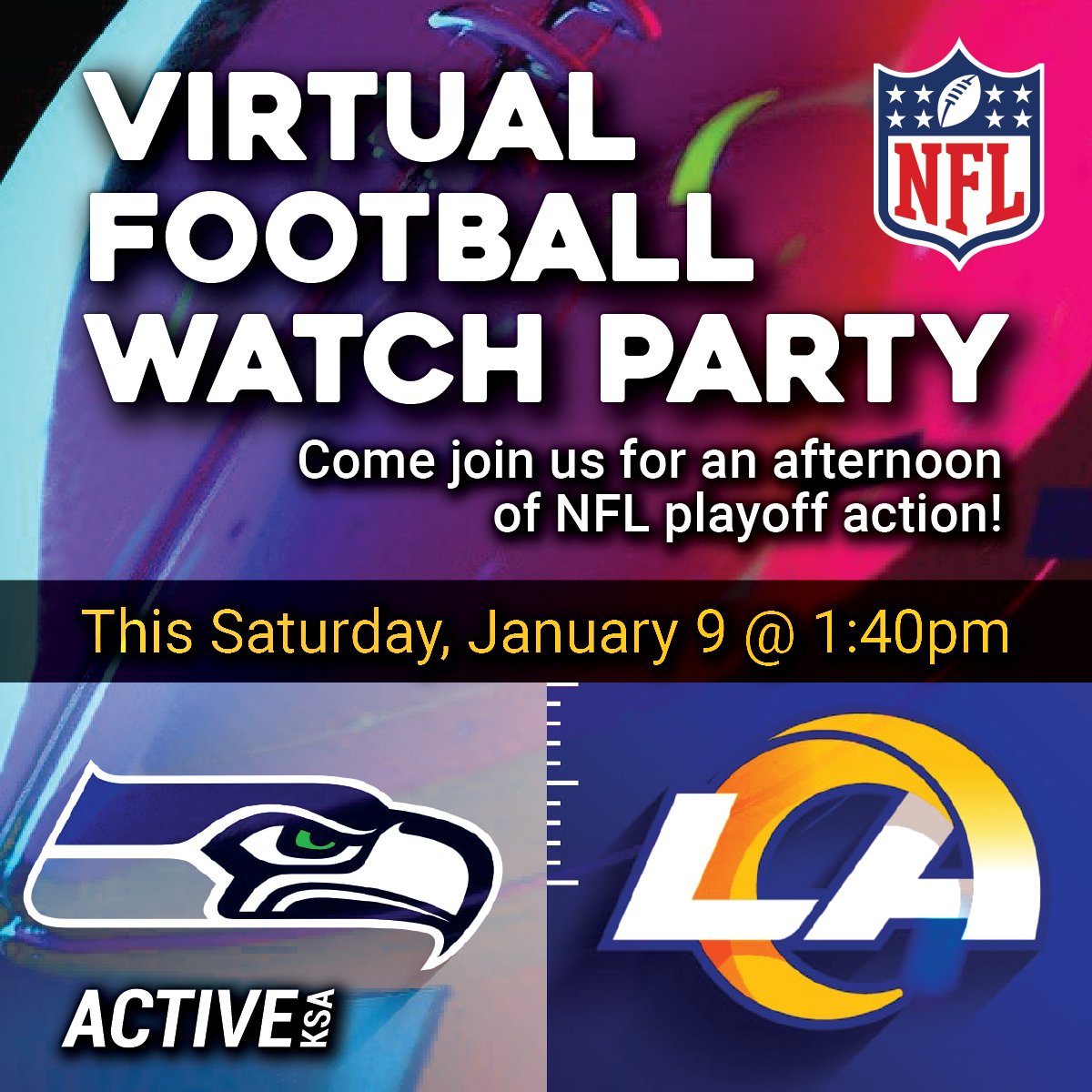 Join our Active KSA team for the exciting playoff match-up on Saturday.
Who are you supporting? Make sure to wear your team shirt join in on the commentary. 
We will be streaming the game on Zoom. Click the link to join us!
zoom.us/j/94330125872"