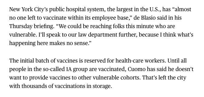10. A few days later, vaccinations are still very behind. Surely Cuomo will let non-health workers—say, the elderly people he put at risk—get shots, right?Nope. Absolute madness.  https://www.bloomberg.com/news/articles/2021-01-07/nyc-s-de-blasio-blames-state-for-thousands-of-unused-vaccines?sref=uYHHCFbx