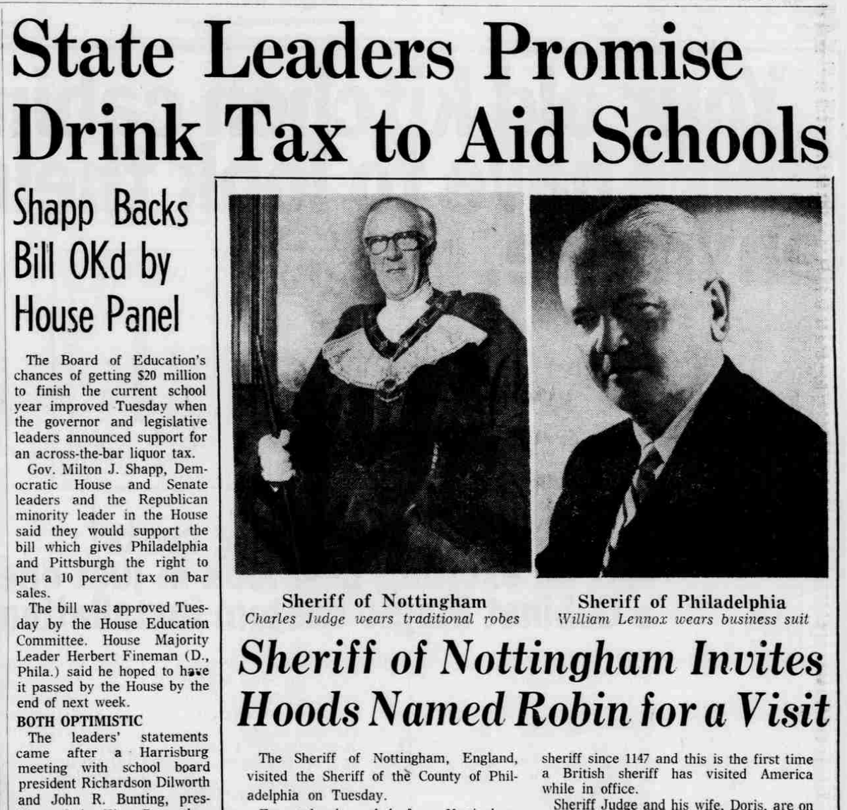 The VERY NEXT DAY...state leaders said they had the votes to pass a bill allowing Philly and Pittsburgh to put a 10% tax on bar sales.Richardson Dilworth was happy, but cautious..."I've been up here too often," he said.