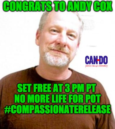 candoclemency's tweet photo. Spoke to Andy Cox today who arrived in L.A. hoping to see me after his release, not knowing I'm in Ark. He will fly home tomorrow to family! #CANDO is elated that Andy is #NowFree from a life sentence for pot. Congrats to everyone who assisted with his #CompassionateRelease! https://t.co/MNYa6Z9HqJ