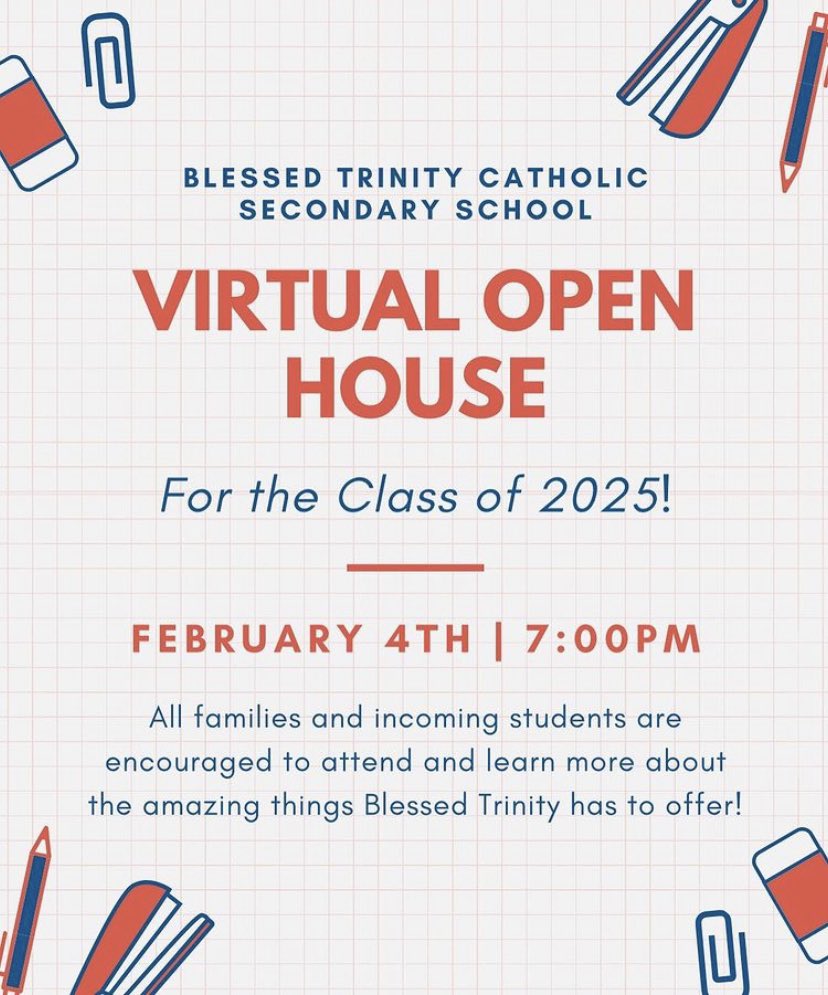 BTrinity3's tweet photo. Hey BT!  Hopefully you have had a great start to the new year!  Here is some exciting information for our incoming #classof2025!  Our Virtual Open House will take place on Thursday, February 4th at 7:00PM!  We are excited to have you join us in such an event!  #BTstrong! https://t.co/uc1iT9Gay4