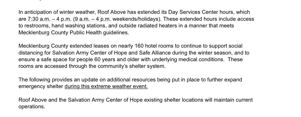 queencitynerve's tweet photo. INBOX: @MeckCounty announces changes in operations for @RoofAbove and Salvation Army in light of expected winter weather. https://t.co/CujNFwn0Ve