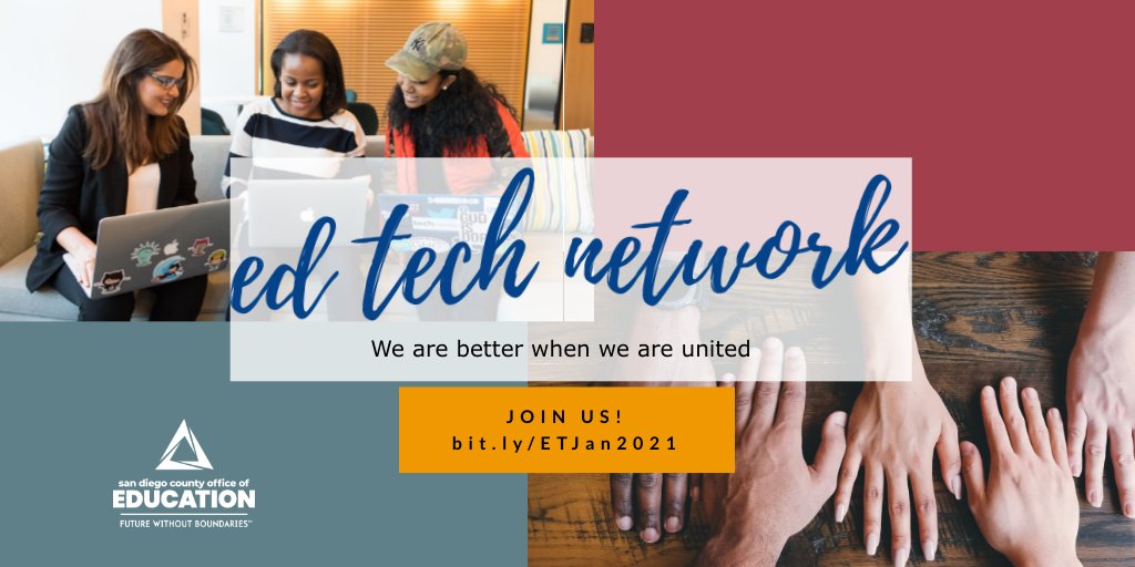 How is distance learning going for you? Need some ideas or support?
Ed Tech Network happening this coming Tuesday, 1/12/2021, at 4p.m.
docs.google.com/forms/d/e/1FAI…
#EdTechCoaching
#InnovateSD 
<a href="/AliciaMButters/">Alicia Gallegos Butters, EdD</a> @PamRabin <a href="/eenglished/">Erin English</a> <a href="/SanDiegoCOE/">San Diego County Office of Education</a>