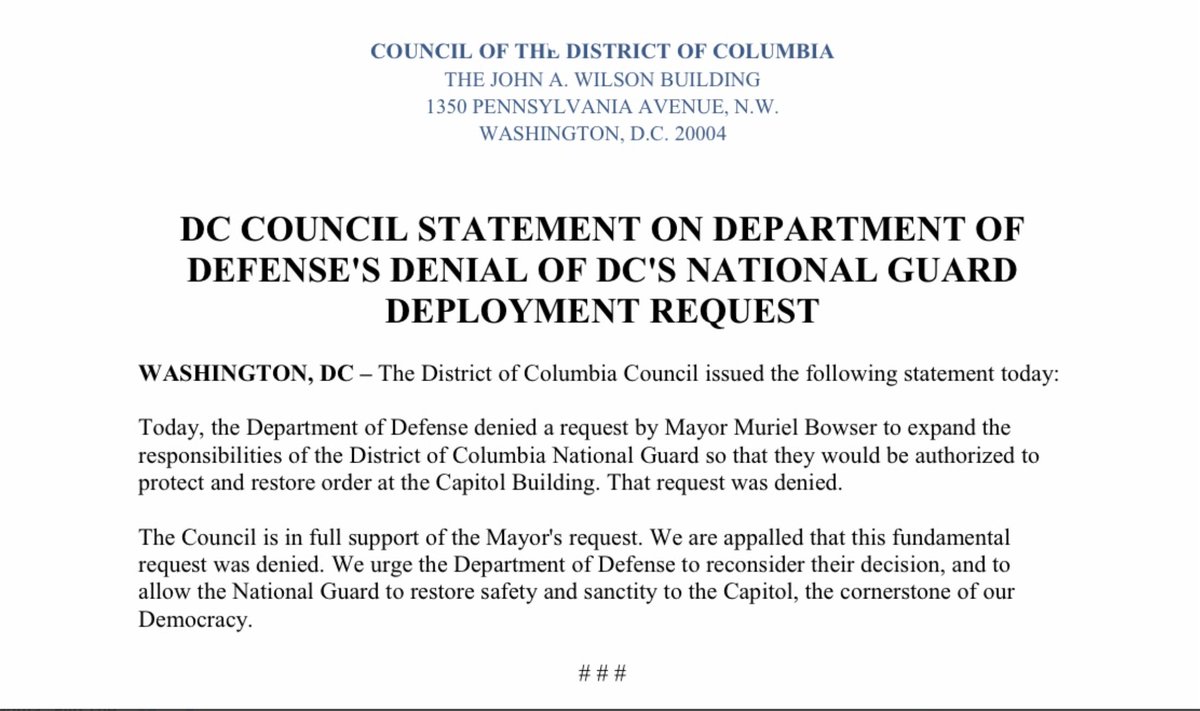 After over 1.5 hours of this chaos the  @SecArmy and  @DeptofDefense DENIED a request by  @MayorBowser to call in the  @NationalGuard protect and restore order at the Capitol building: