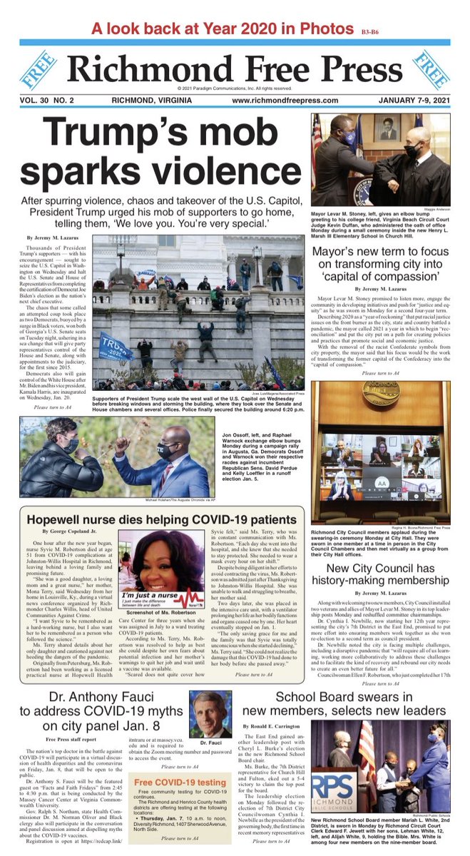 FreePressRVA's tweet photo. Our first edition of 2021 is on stands, in boxes and online. Here we go continuing into our 29th year of coverage and publishing. #RFPstrong #richmondfreepress #29yearsold #weeklynewspaper #BlackPress #localjournalism #communitynews #journalism #photojournalism #covid19 https://t.co/YWghv7hlKU