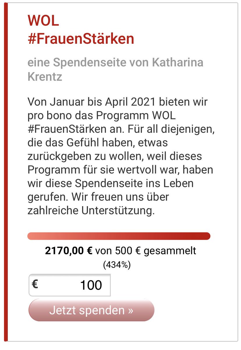 Kinder stärken mit #WOL #FrauenStärken 🙌

Wer sich für die tolle Orga von <a href="/katha_krentz/">Katharina Krentz</a> @jboeckervorlop <a href="/MoniStruzek/">Monika Struzek</a> <a href="/tolja/">Mara Tolja</a> @GluckSandra bedanken mag, kann <a href="/LenaRogl/">Magdalena Rogl</a> s Herzensprojekt des <a href="/DKVE12/">Dt. Kinderverein</a> unterstützen ♥️

▶️ deutscher-kinderverein.de/helfen/?wol-fr…

Schon 2.170€ 🙏