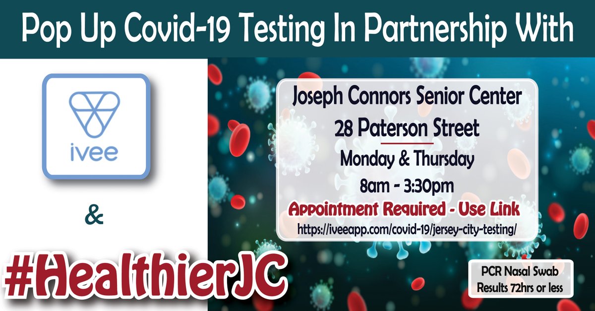 Starting Monday, January 11th, we have a new Pop Up Testing Opportunity in concert w/ ivee at the Joseph Connors Senior Center, 28 Paterson Street, Mondays &amp; Thursdays, 8am - 3:30pm. APPOINTMENT REQUIRED VIA THIS LINK: iveeapp.com/covid-19/jerse… <a href="/JerseyCity/">City of Jersey City</a> <a href="/ulohc/">UrbanLeague of Hudson County</a>