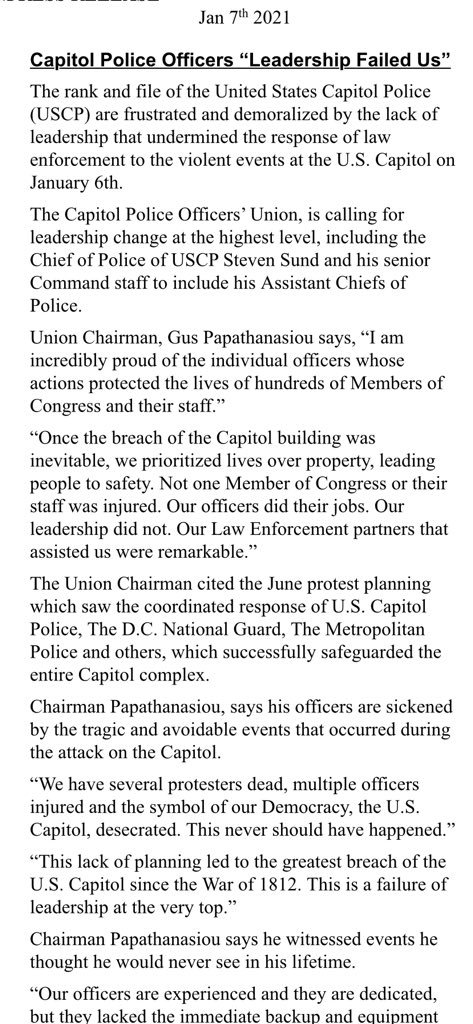 U.S. Capitol Police union issues searing statement calling for removal of top leaders. “Until we have a leadership team at USCP that is willing to work hand in hand with the Union and our Officers as one team, we will continue to have systemic failures.”