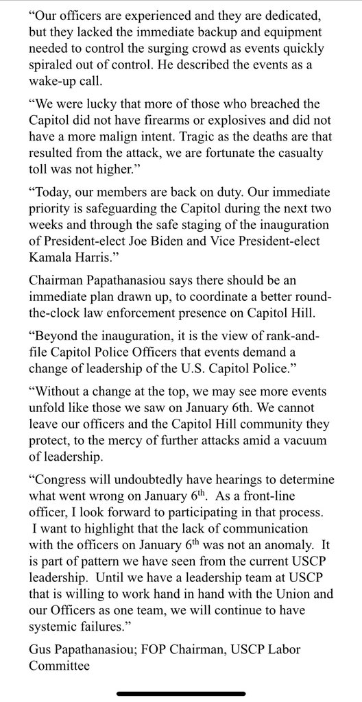 U.S. Capitol Police union issues searing statement calling for removal of top leaders. “Until we have a leadership team at USCP that is willing to work hand in hand with the Union and our Officers as one team, we will continue to have systemic failures.”