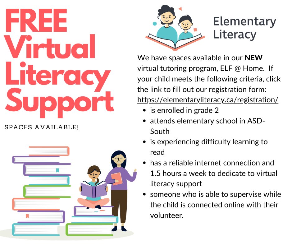 elemliteracynb's tweet photo. Did you know we are now accepting registrations for our newly redesigned virtual program, ELF @ Home? Families of grade 2 students from @ASD_South or @ASD_West who are struggling to learn to read are invited to register at:https://t.co/04iFcIhAzX
#ELFprogram #structuredliteracy https://t.co/vU9GCwFojp