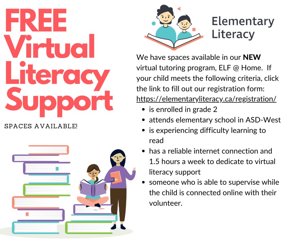 elemliteracynb's tweet photo. Did you know we are now accepting registrations for our newly redesigned virtual program, ELF @ Home? Families of grade 2 students from @ASD_South or @ASD_West who are struggling to learn to read are invited to register at:https://t.co/04iFcIhAzX
#ELFprogram #structuredliteracy https://t.co/vU9GCwFojp