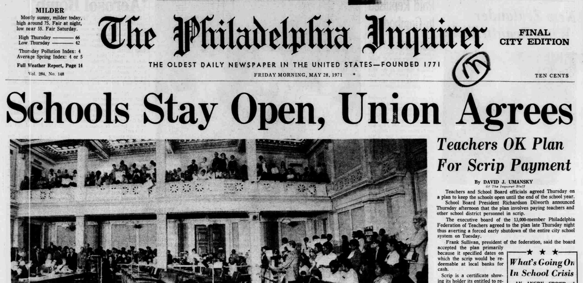 The schools were able to stay open that year thanks to some deferred bank payments and teachers eventually agreeing to take IOUs.The financial equivalent of scotch tape...