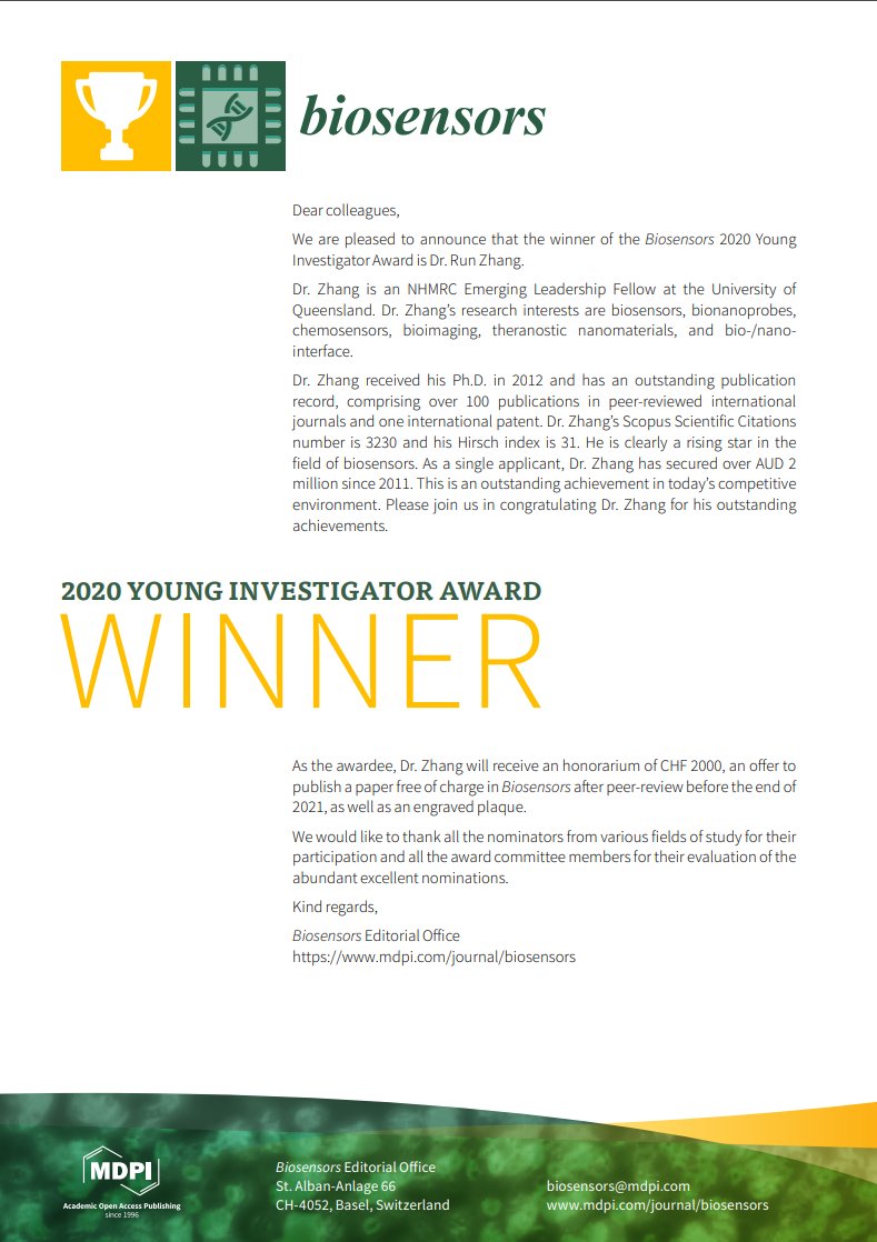 runzhang2's tweet image. I am thrilled to receive the Biosensors Young Investigator Award @Biosensors_MDPI @AIBNatUQ