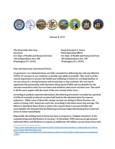GovPritzker's tweet photo. The federal government currently has upwards of 50% of vaccine doses held back for unknown reasons. I join 7 fellow governors in demanding @HHSGov distribute them to the states. We're ready to ramp up distribution and save more American lives. Read the full letter: https://t.co/rhoGTuyTpy