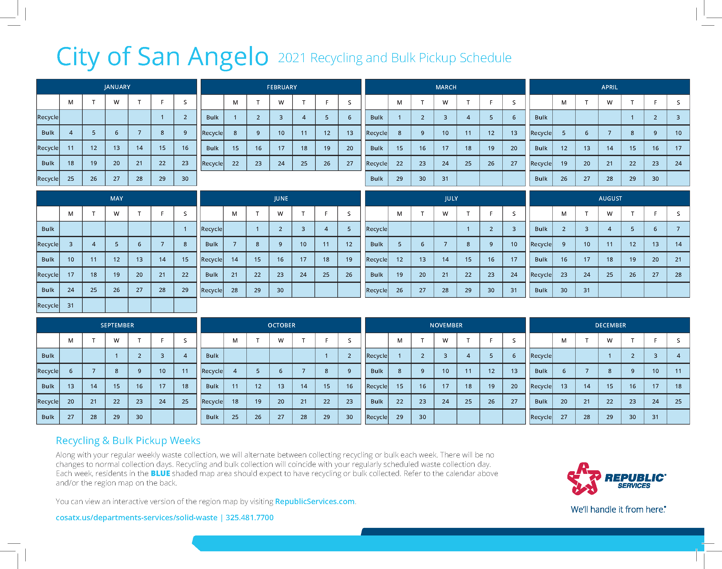 San Antonio Trash Pickup Schedule 2022 City Of San Angelo On Twitter: "2021 Recycling And Bulk Pickup Schedules  From Republic Services Are Now Available. For More Information Please Visit  Https://T.co/0Tgsunpuck Which Also Includes Pdf Versions Of The Images