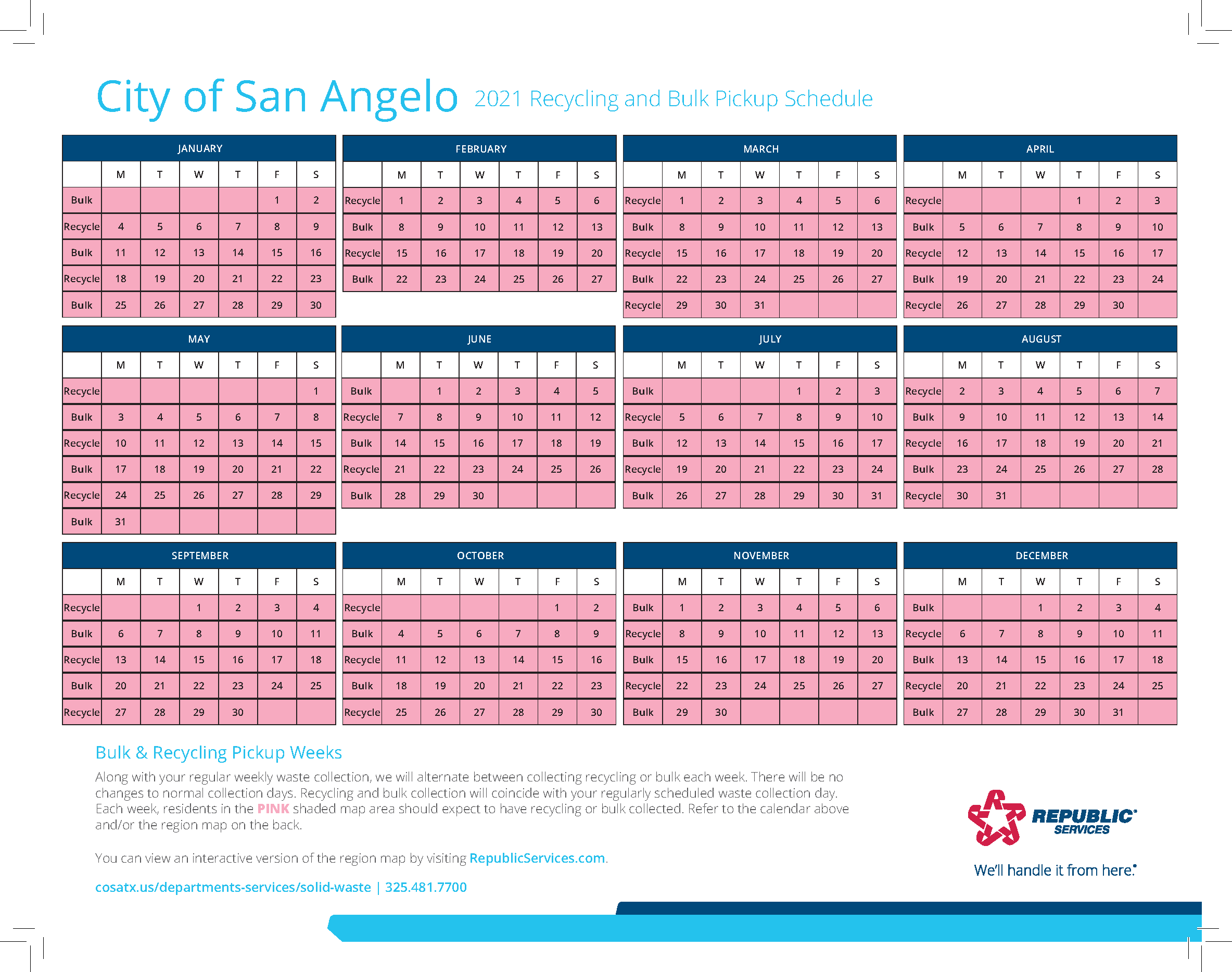 City Of San Angelo On Twitter: "2021 Recycling And Bulk Pickup Schedules  From Republic Services Are Now Available. For More Information Please Visit  Https://T.co/0Tgsunpuck Which Also Includes Pdf Versions Of The Images