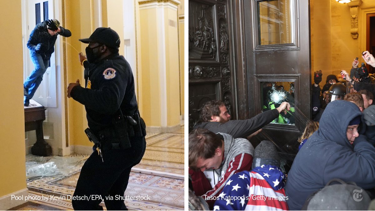 Members of the mob broke a window, and broke through the main doors on the east side of the Capitol’s central building, which led into the Capitol Rotunda.The crowd began to flood into the building.  http://nyti.ms/3s4YWgI 