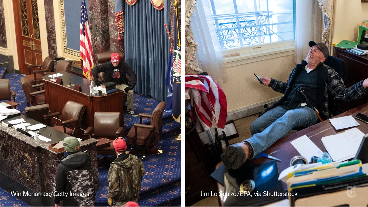 In the Senate chamber, many members of the mob roamed freely.A suite of offices used by Speaker Nancy Pelosi near the House chamber was also breached. A man was pictured sitting with his feet raised on a desk in one of the rooms.  http://nyti.ms/3s4YWgI 