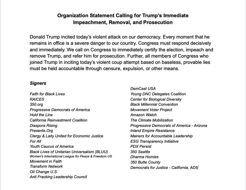 We cannot wait one day longer.

Congress must act TODAY.

We join 30+ organizations including @pdamerica, @350, @RAICESTEXAS, @PresenteOrg, @amazonwatch, @OilChangeUS & @TheRedLineGuide in calling on Congress to IMMEDIATELY convene to impeach, remove, and prosecute Donald Trump.