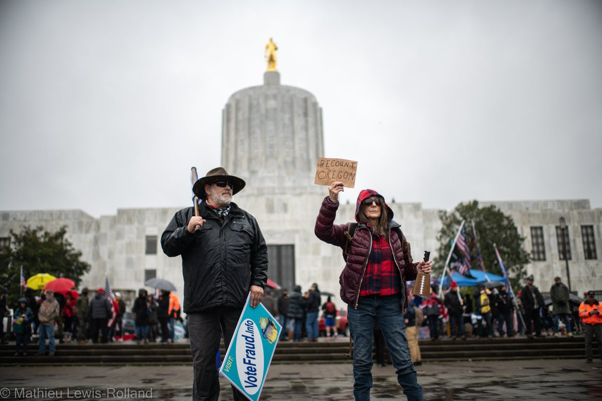 (5) Trump loyalists endure the inclement weather as they lament the President's false claims of voter fraud.