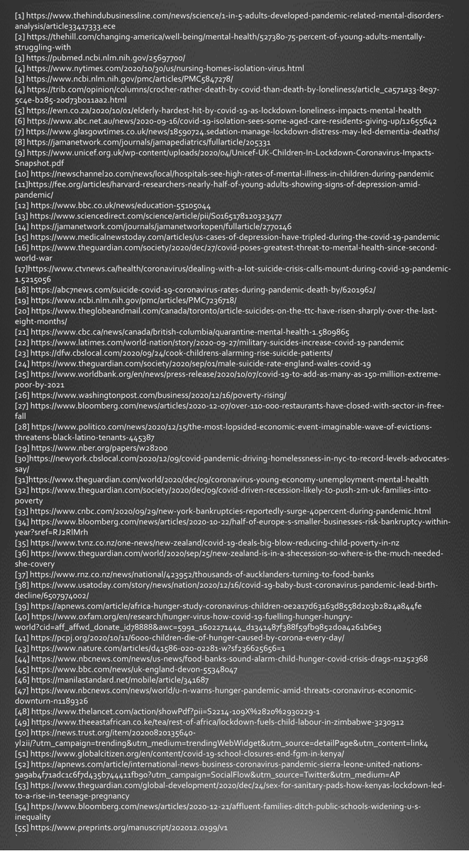 Sources to everything below. Special thanks to a post from Reddit that someone sent me made by user JustHereToNotBeFined, who compiled a large number of these. You can see their original post linked here  https://www.reddit.com/r/LockdownSkepticism/comments/kn2xe4/all_the_detrimental_effects_of_lockdowns_divided/