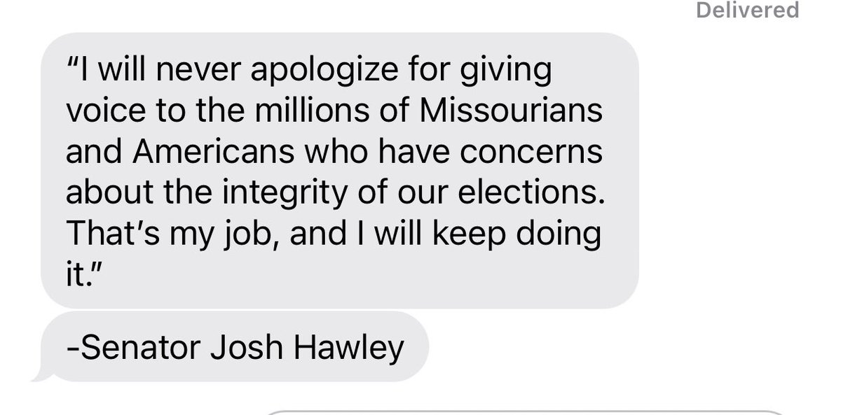 KCMikeMahoney's tweet photo. Statement from Mo. Sen Josh Hawley’s@office in response to his reaction to calls for his resignation. #JoshHawley #JAN6 #CapitolHill #KMBC https://t.co/jBQCoZja7I