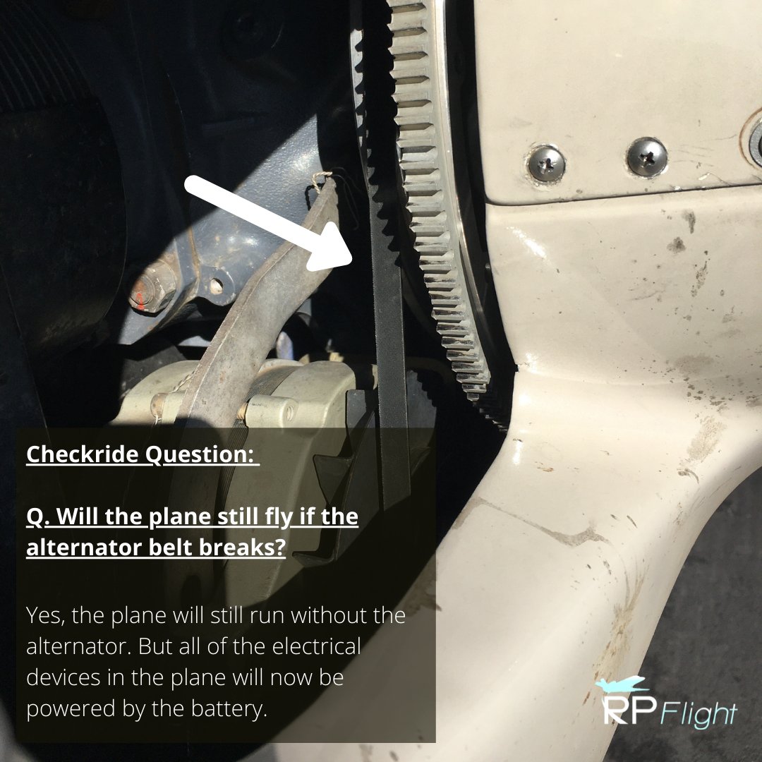 RPFlight2's tweet photo. Examiners love to point to the alternator belt in a preflight and ask what it is, and if the airplane will still fly if it breaks. Do you know how to answer this question? #learntofly #privatepilotcheckrideprep #askacfi https://t.co/YLd3Umpec1