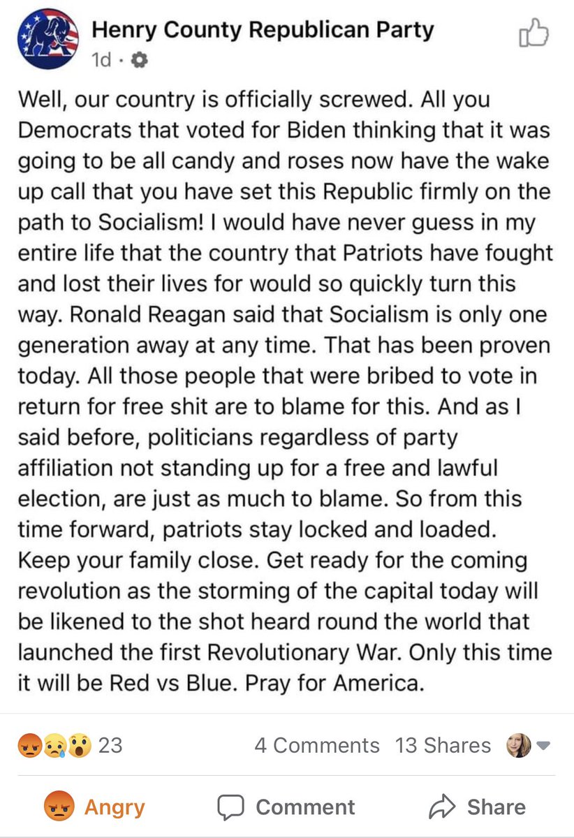 lilmissg2's tweet photo. @ChuckGrassley @joniernst Republicans in Henry County are calling for people to stay locked and loaded and calling for a revolutionary civil war. What are you going to do? Stand silent? Encourage them? Turn a blind eye (again)? I challenge you to be a leader.... #notmyiowa https://t.co/07QO1Q7Lpn