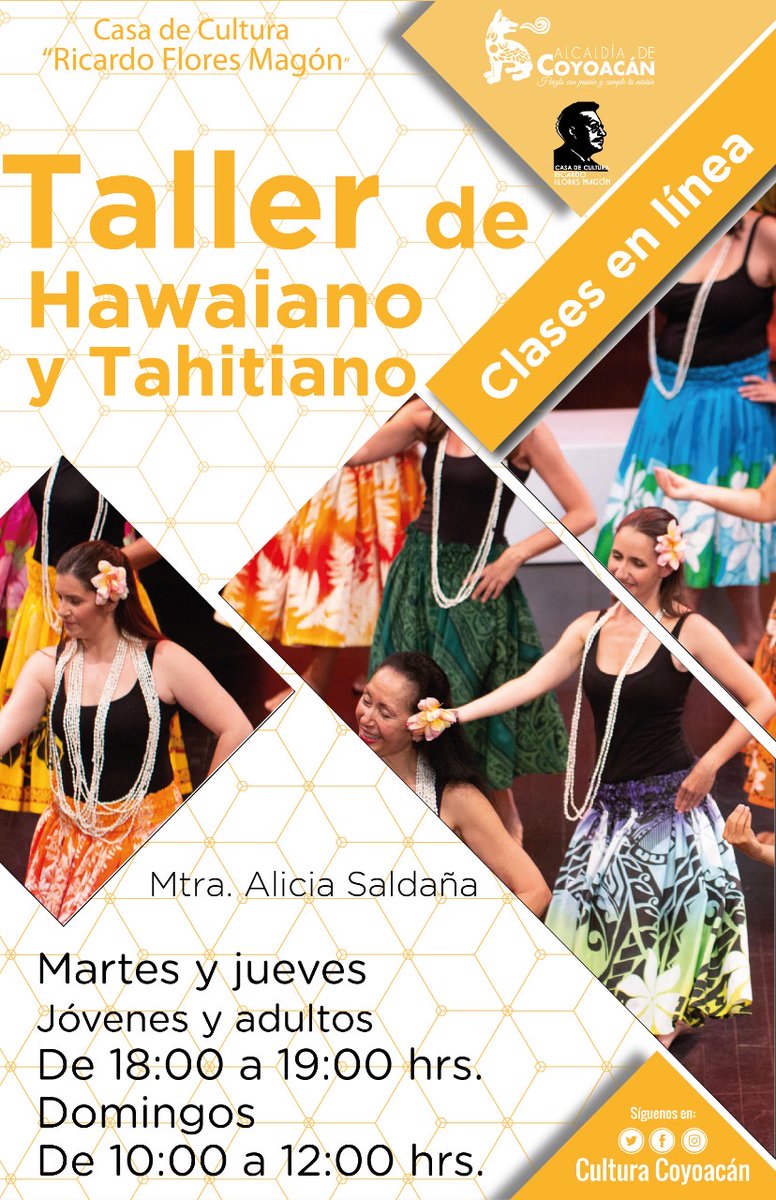 culturacoyoacan's tweet photo. La Mtra. Alicia Saldaña de la Casa de Cultura “Ricardo Flores Magón” te invita a sus clases en línea de Hawaiano y Tahitiano. Martes y jueves de 18 a 19 hrs y domingos de 10 a 12 hrs. Para más información ingresa a Facebook: Alicia Saldaña (Haleakala) o escribe al: 55 2248 4785. https://t.co/m75PrhiaO3