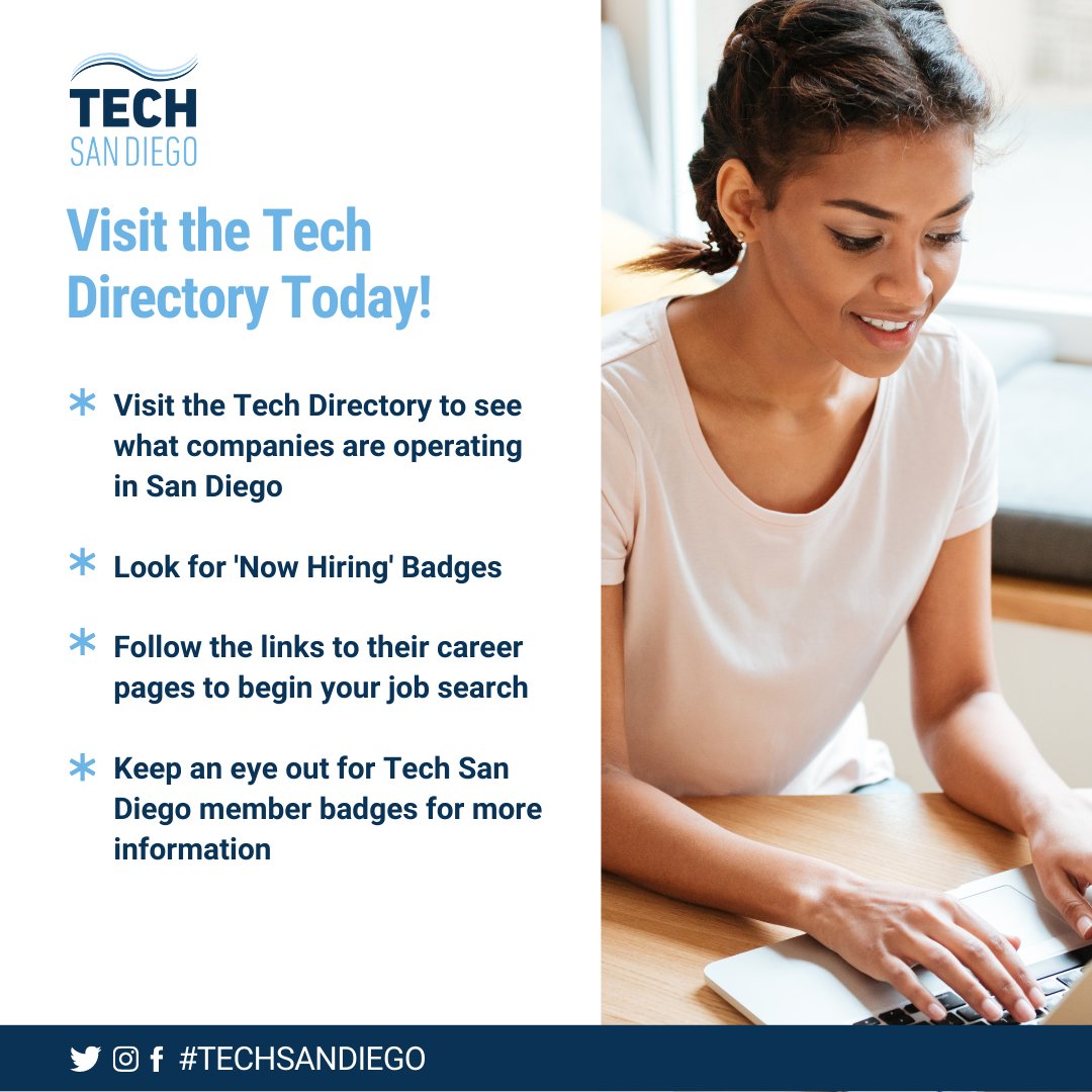 Tech_SanDiego's tweet photo. If you're looking for your next job, see the tech community in a whole new way when you access the Regional Tech Directory and look for those hiring badges. Visit the tech directory today: https://t.co/SExfNhSh3M 
#techjobs #sandiegotech #techsandiego #jobs #techdirectory https://t.co/B5TX3RGLhS