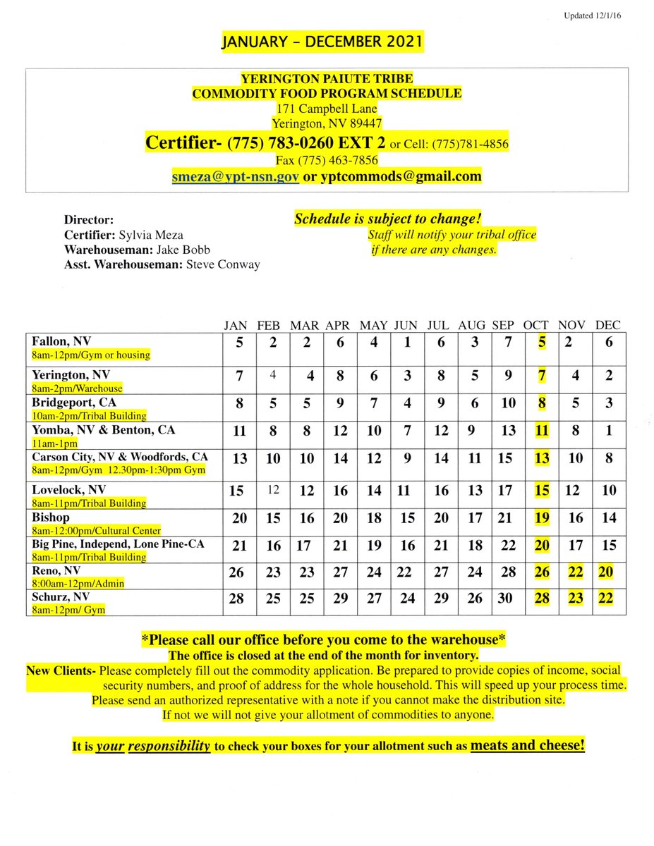 OVPSCCenter's tweet photo. The following is the Yerington Paiute Tribe's 2021 Commodity Food Distribution Schedule.  Please check the schedule carefully for dates and times.  Post and share this information throughout your community! https://t.co/VDGaW4VgZZ