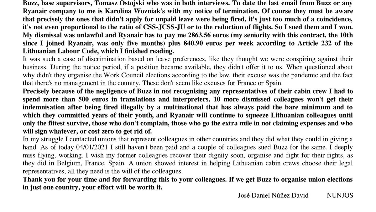 BUnited_buzz's tweet photo. We share here (and ask you to spread) this letter from our colleague José based in Lithuania.
We will not stand still in front of injustice.
PLEASE SHARE THIS POST AMONG RYANAIR/BUZZ CABIN CREW BASED IN LITHUANIA: please contact us or José to know more! https://t.co/vqmX6w7If1
