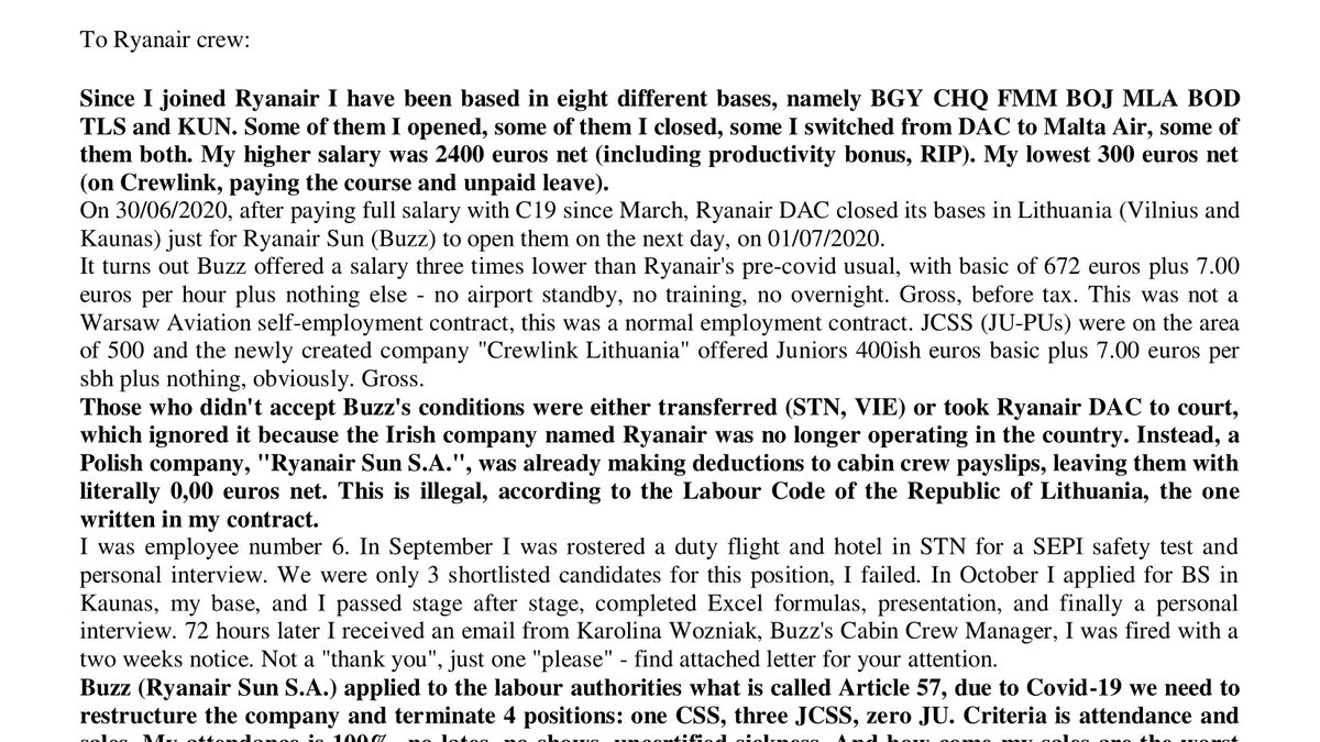 BUnited_buzz's tweet photo. We share here (and ask you to spread) this letter from our colleague José based in Lithuania.
We will not stand still in front of injustice.
PLEASE SHARE THIS POST AMONG RYANAIR/BUZZ CABIN CREW BASED IN LITHUANIA: please contact us or José to know more! https://t.co/vqmX6w7If1