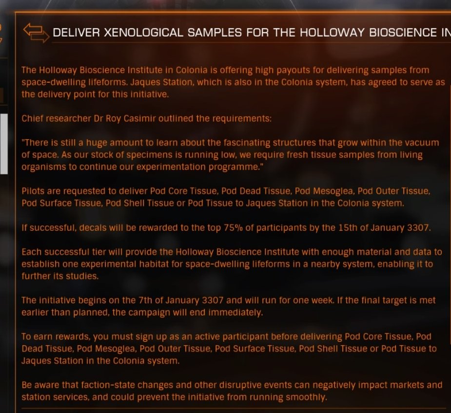 Colonia Community Goal this week: to deliver tissue samples from organic pod life forms.  The nearest system with such life is Trifid Sector Fw-w d1-233 (17,166ly from Colonia) or 34 jumps for the Embrace. <a href="/IPXWing/">IPX Wing</a>