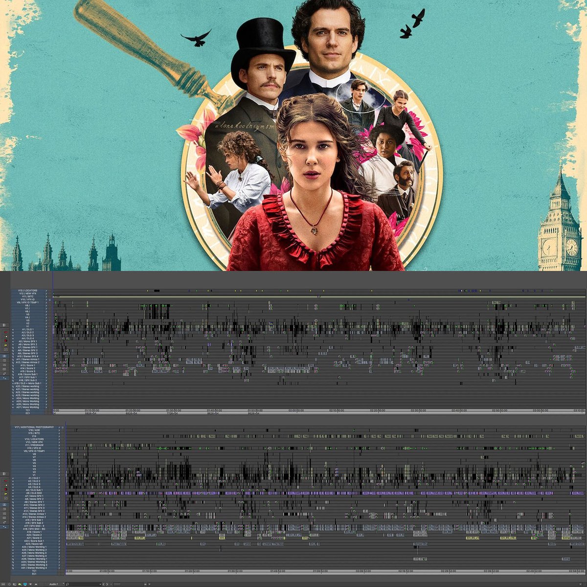 Avid's tweet photo. 🎞️ Editor Adam Bosman's assembly and locked cut of Enola Holmes

📷 @adameditor
▶️ https://t.co/F6OI970GXd

#netflix #timeline #enolaholmes #editing #postproduction #mediacomposer #avid https://t.co/nw6pYsFoKx