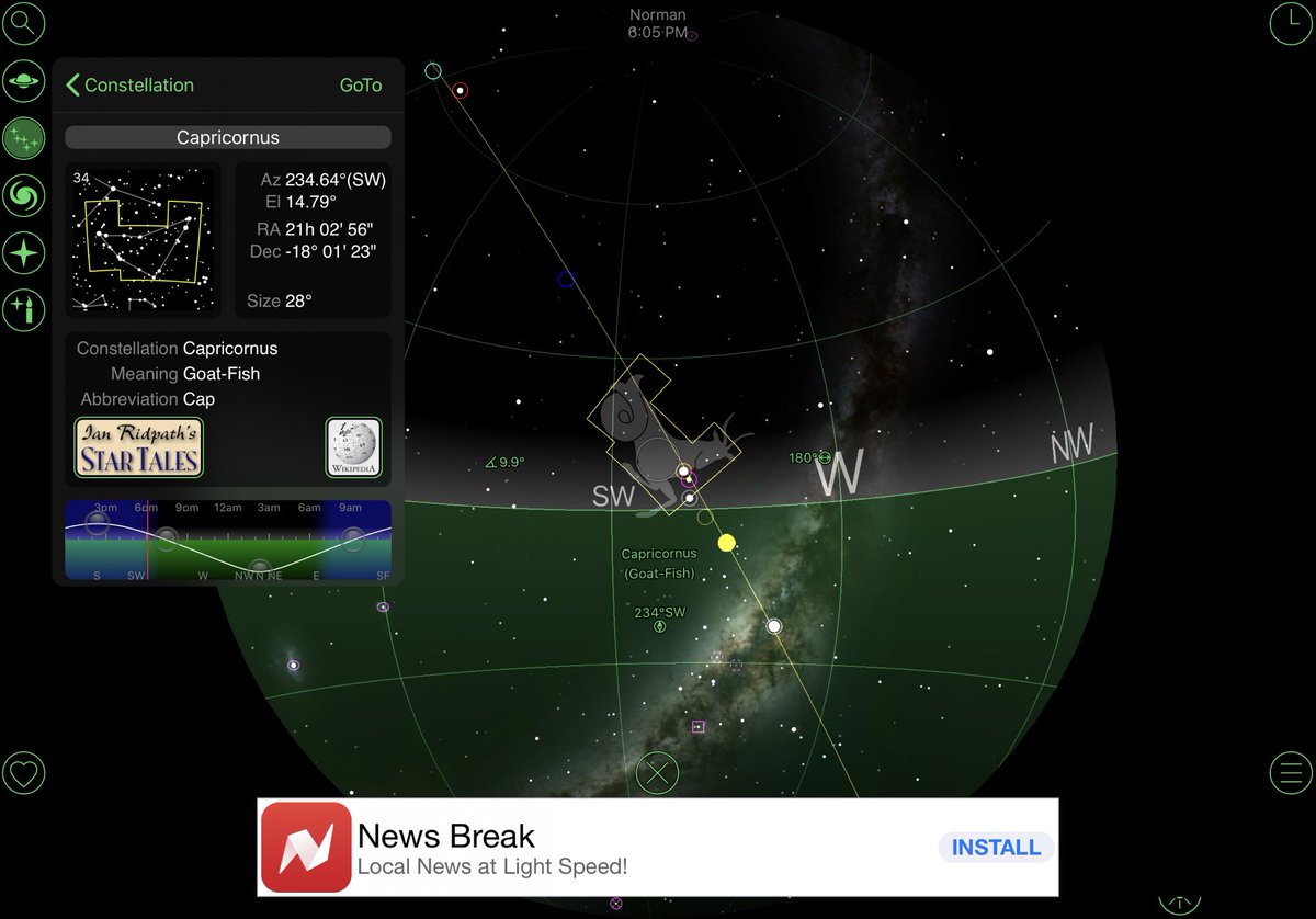MrsEdenELA's tweet photo. With GoSkyWatchPlanetarium I can stargaze even on cloudy nights!  Look at that cool planet lineup (Mercury, Saturn, Jupiter, and Pluto)on the horizon right next to my birth sign! https://t.co/MbJpOhG50m